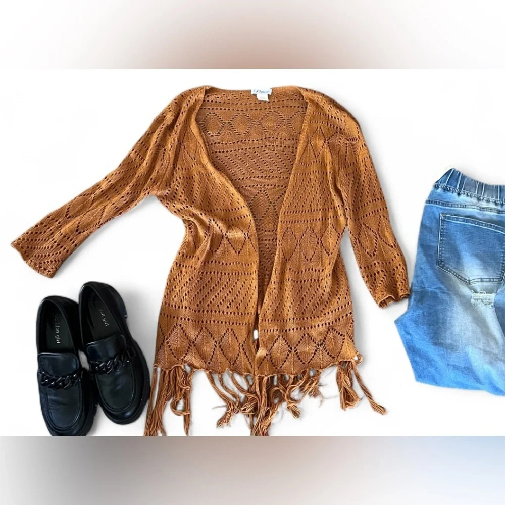 C.H. Impressions Rust Boho Open Knit Fringe Cardigan - Picture 1 of 4